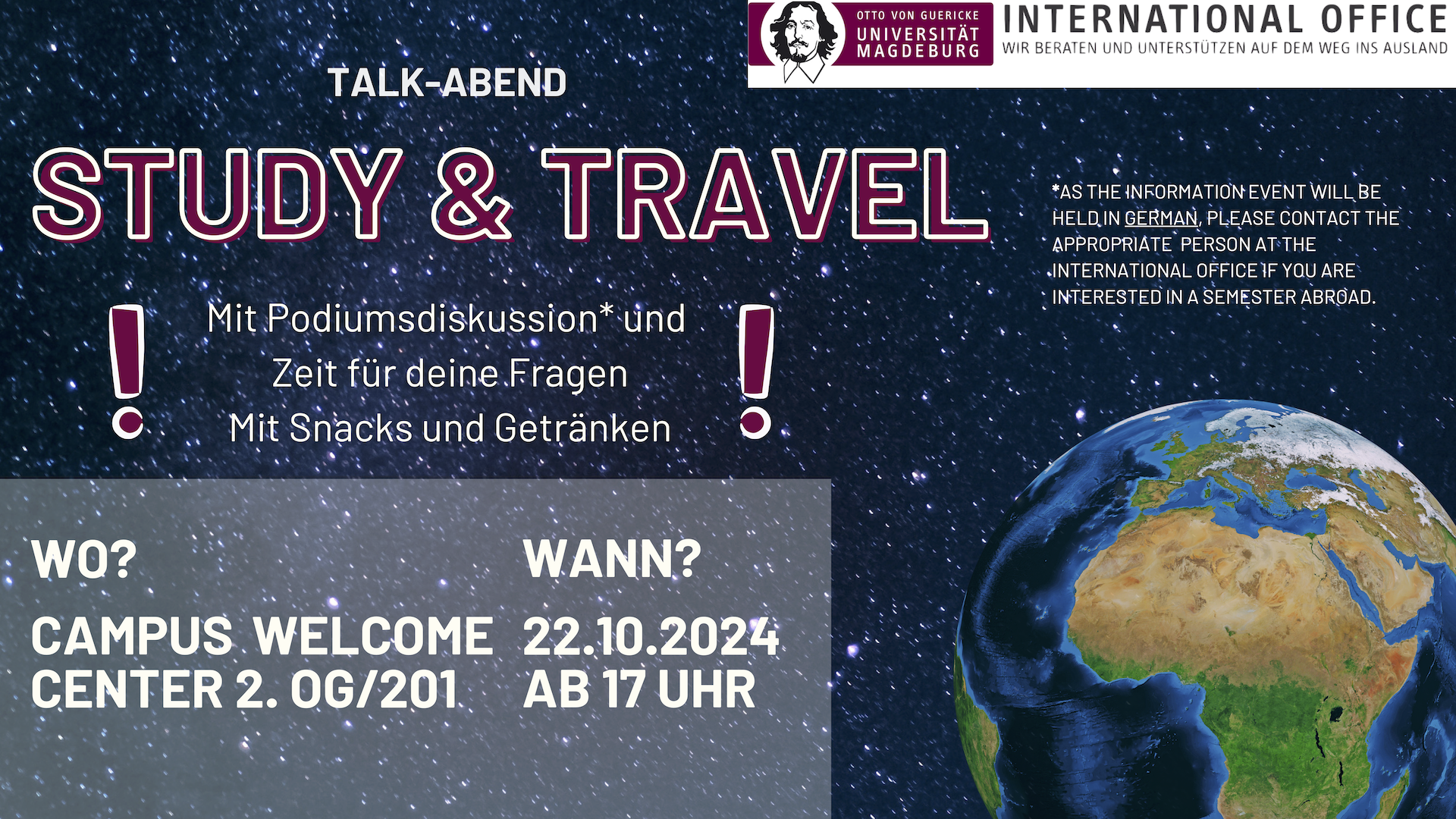 Einladung zum Talk-Abend “Study & Travel“ am 22.10.2024